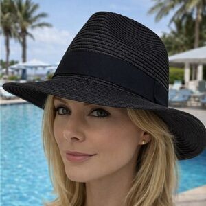 ❤️ Black Wide-Brim Fedora Style Sun Hat with Black Band